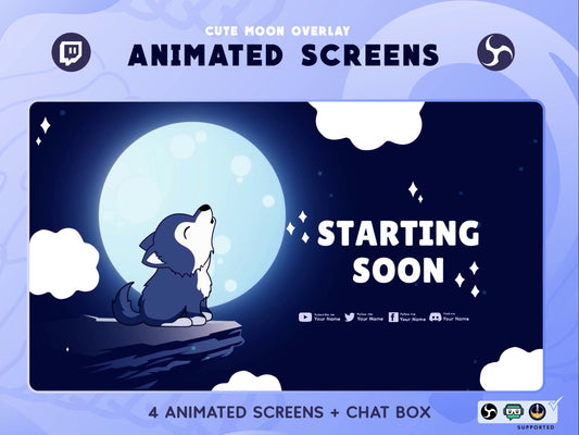 Cute Wolf Moon Animated Twitch Overlay Screens
