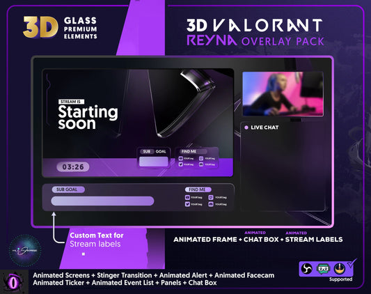 3D Stream Overlay Bundle | Valorant Reyna Skin Pack |Transition | Twitch Panels | Animated Screens | Animated FaceCam | Alerts Animation